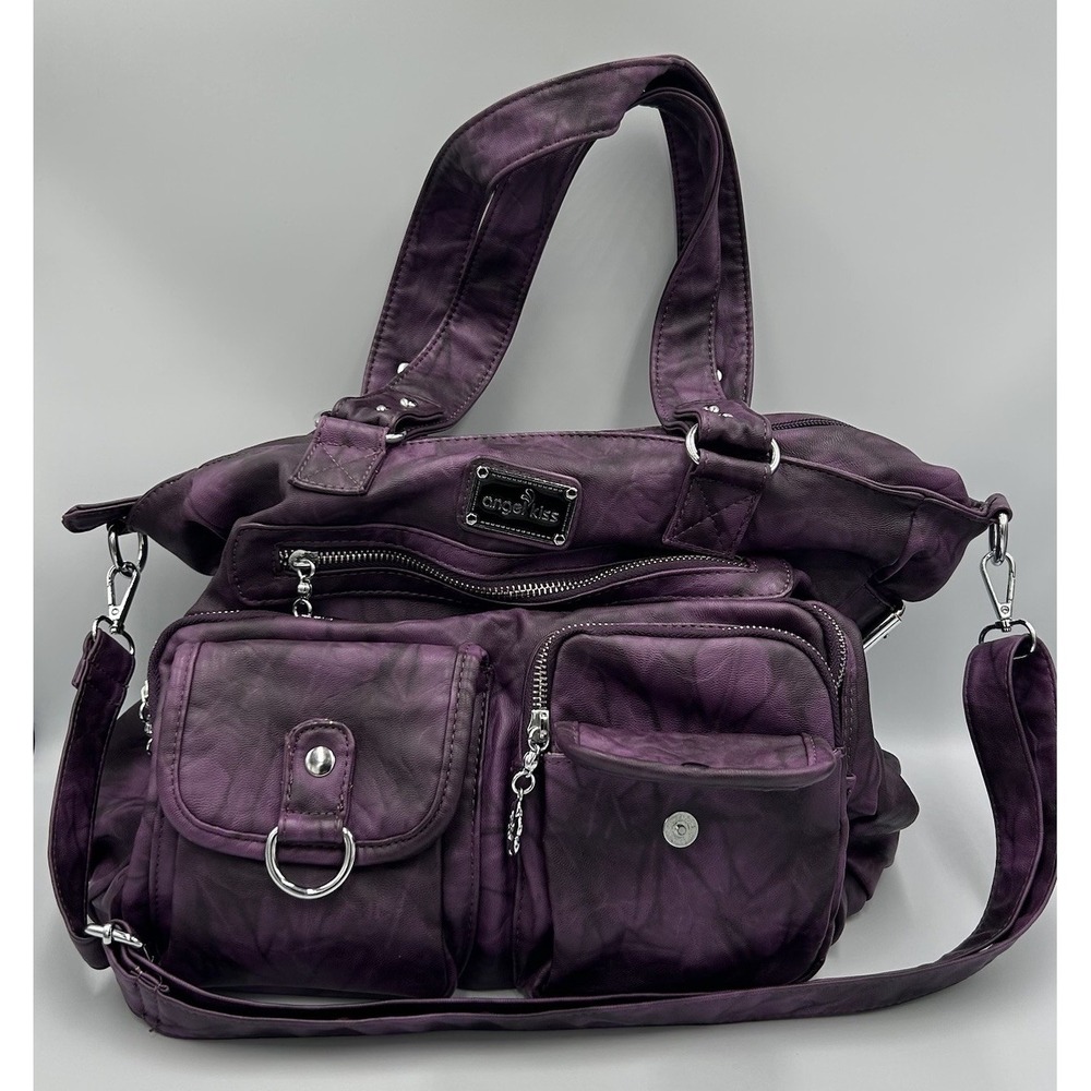 Angel Kiss Purple Faux Leather Hobo Shoulder Bag Purse - Lots Of Pockets
